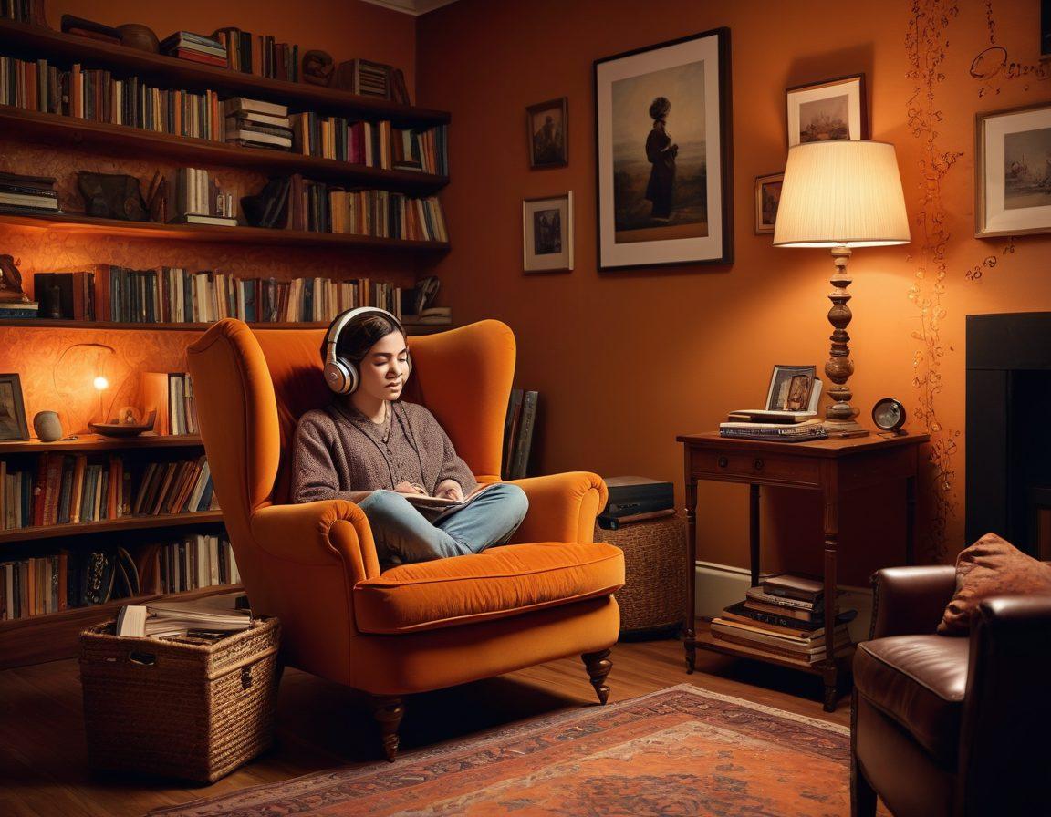 A cozy, inviting scene featuring a person sitting in a warm, softly-lit room with headphones on, deeply engaged in storytelling. Surround them with floating sound waves and musical notes, representing the essence of audio storytelling. Include books, a microphone, and allusions to various audio devices. The background should have a hint of a digital landscape to symbolize modern storytelling. warm colors. super-realistic. inviting atmosphere.