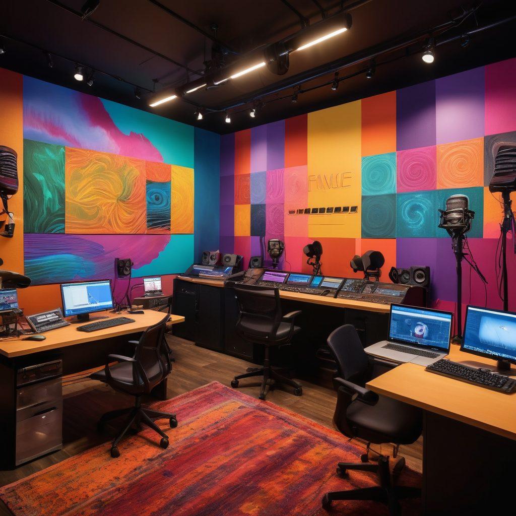 A captivating podcast studio with dynamic sound waves visualizing storytelling, featuring a diverse group of hosts passionately discussing microphones, surrounded by colorful podcast equipment and inspirational quotes on the walls. Warm, inviting lighting that conveys a sense of community and creativity. super-realistic. vibrant colors.