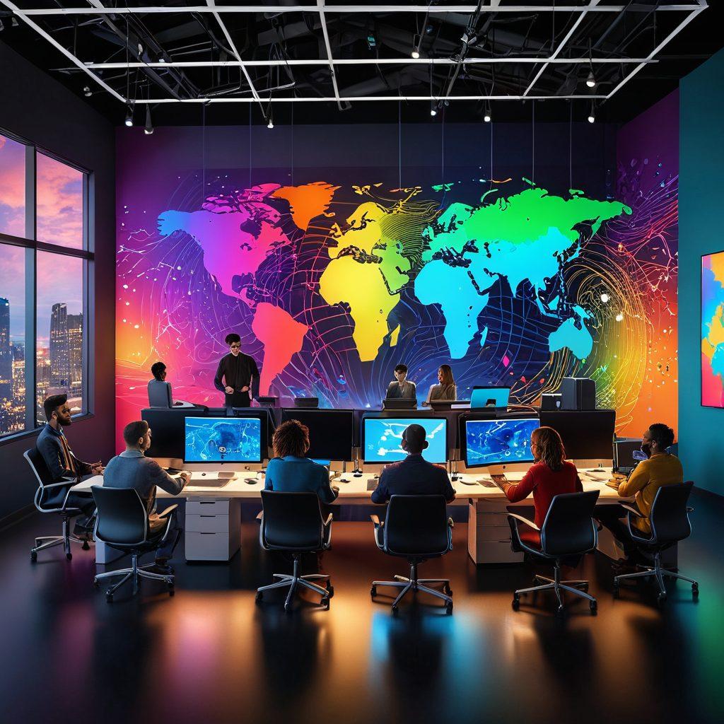 A dynamic scene showcasing a diverse group of podcasters collaborating in a modern, tech-savvy workspace. Visual elements include colorful sound waves and microphones intertwined, symbolizing creativity and connection. Background features a world map highlighting distribution channels and network reach, illuminated with bright accents. Emphasize warmth, community, and innovation. vibrant colors. 3D. digital art.